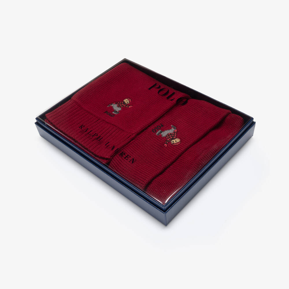 Ralph Lauren-Girls Burgundy Polo Bear Cotton Knit Hat & Scarf Set | Childrensalon Outlet