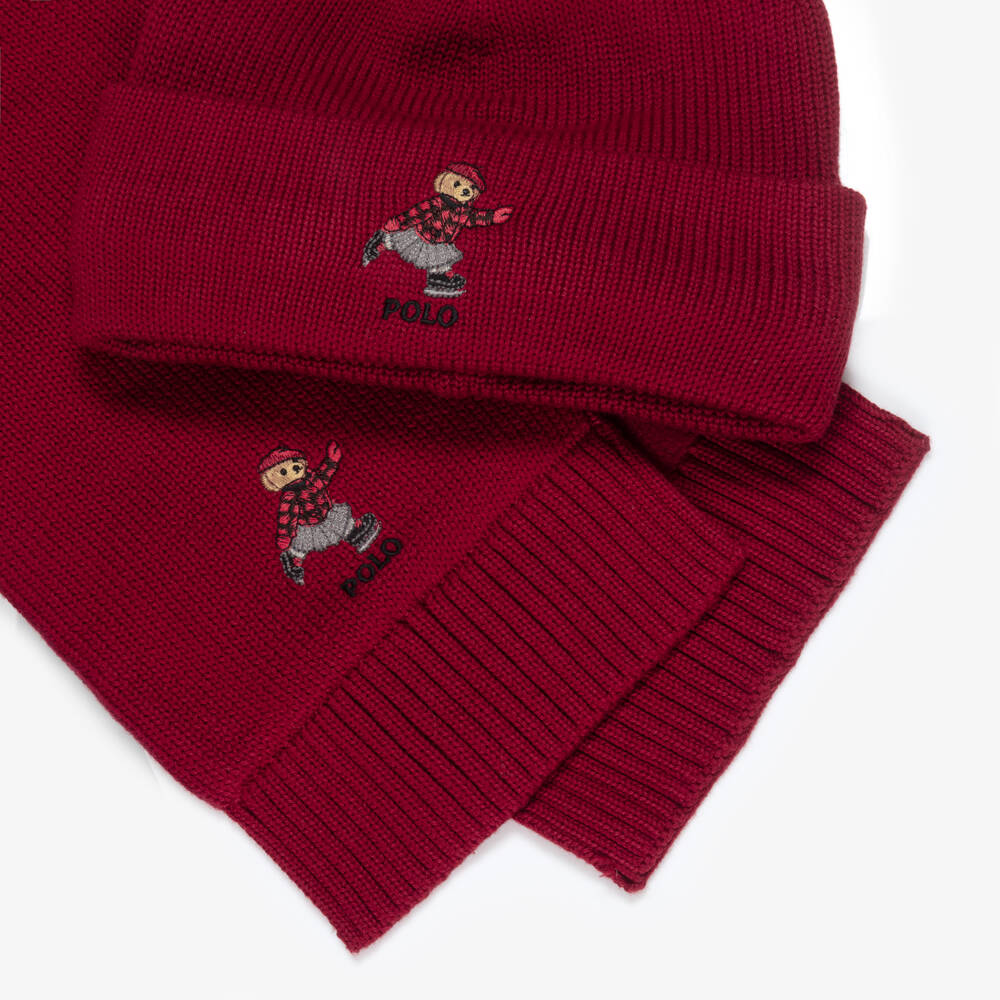 Ralph Lauren-Girls Burgundy Polo Bear Cotton Knit Hat & Scarf Set | Childrensalon Outlet