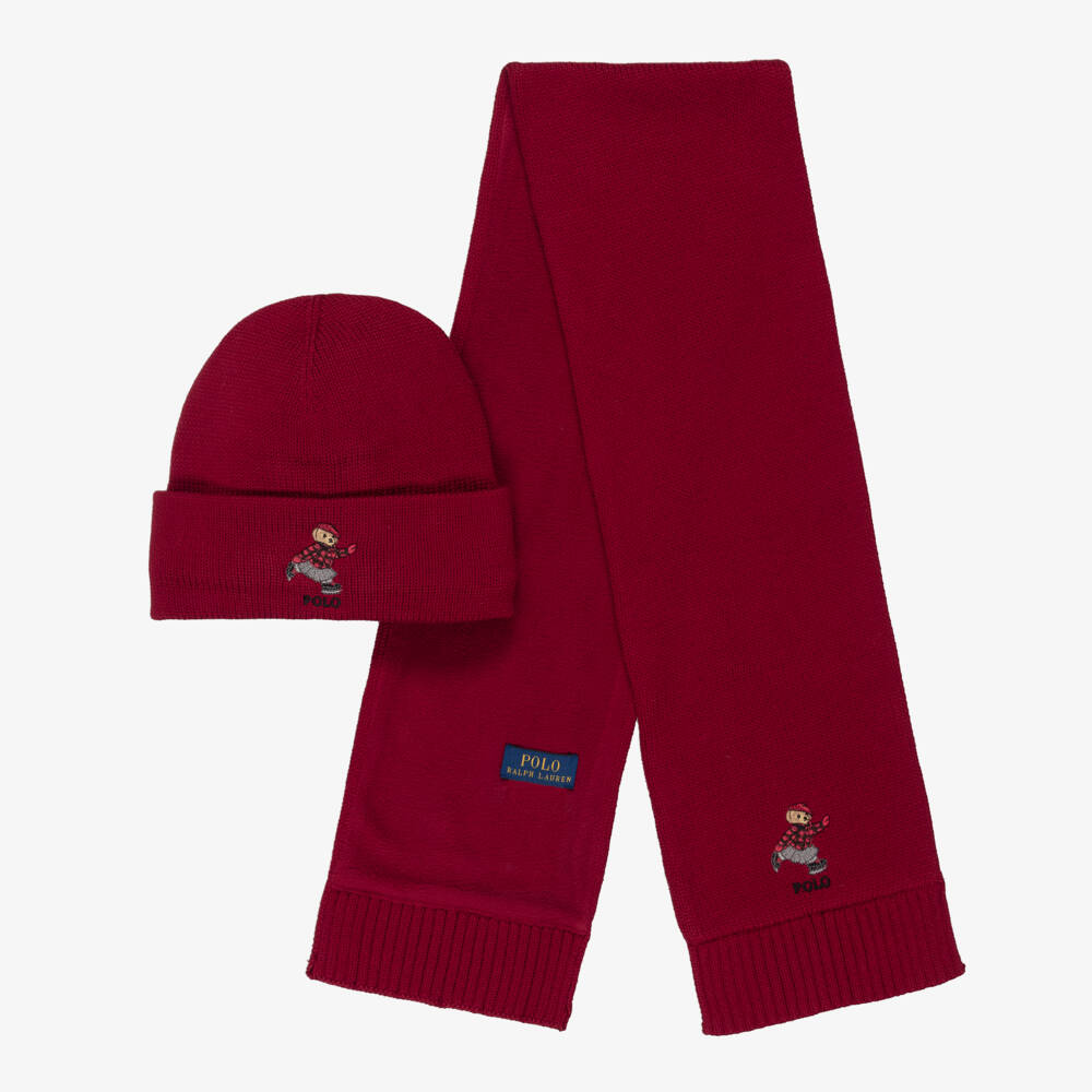 Ralph Lauren-Girls Burgundy Polo Bear Cotton Knit Hat & Scarf Set | Childrensalon Outlet
