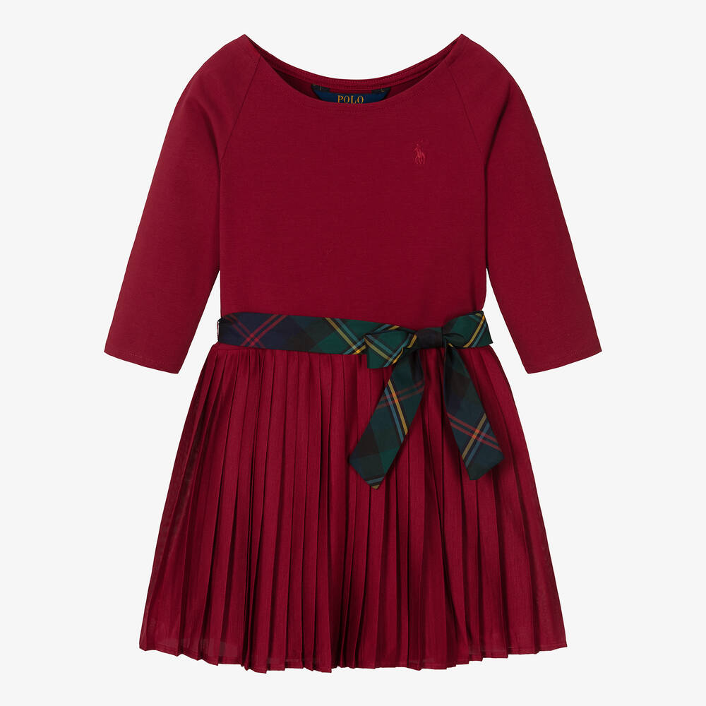 Ralph Lauren - Girls Burgundy Red Pleated Dress  | Childrensalon