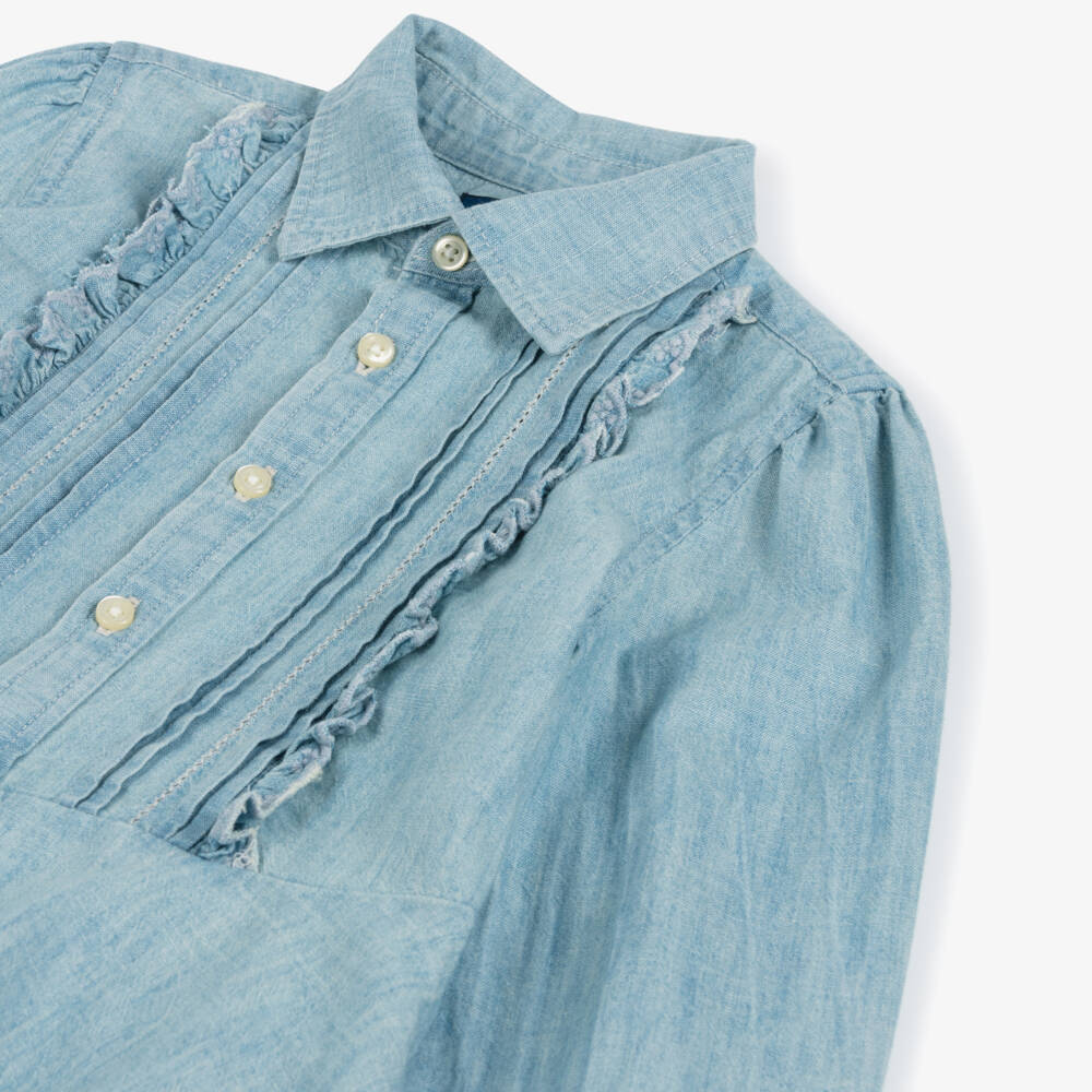 Ralph Lauren-Girls Chambray Frill Blue Dress | Childrensalon Outlet