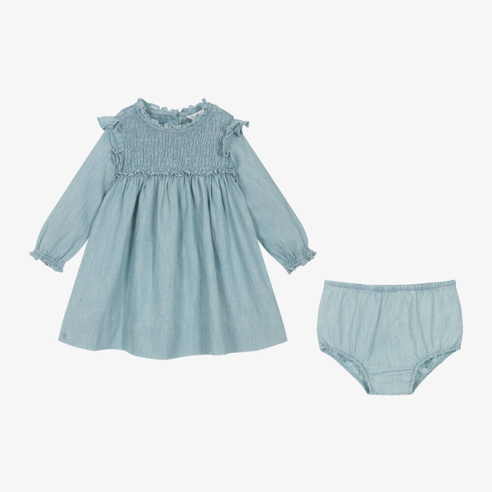 Ralph Lauren-Girls Chambray Ruffled Blue Dress | Childrensalon Outlet