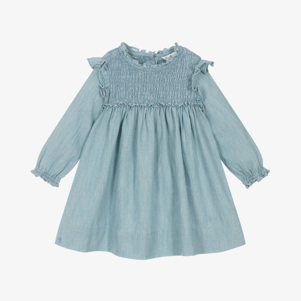 Ralph Lauren-Girls Chambray Ruffled Blue Dress | Childrensalon Outlet