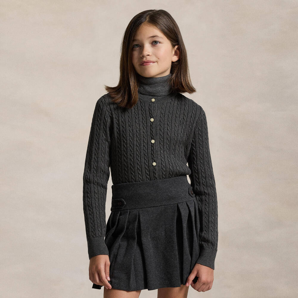 Ralph Lauren-Girls Charcoal Grey Cable Knit Cardigan | Childrensalon Outlet