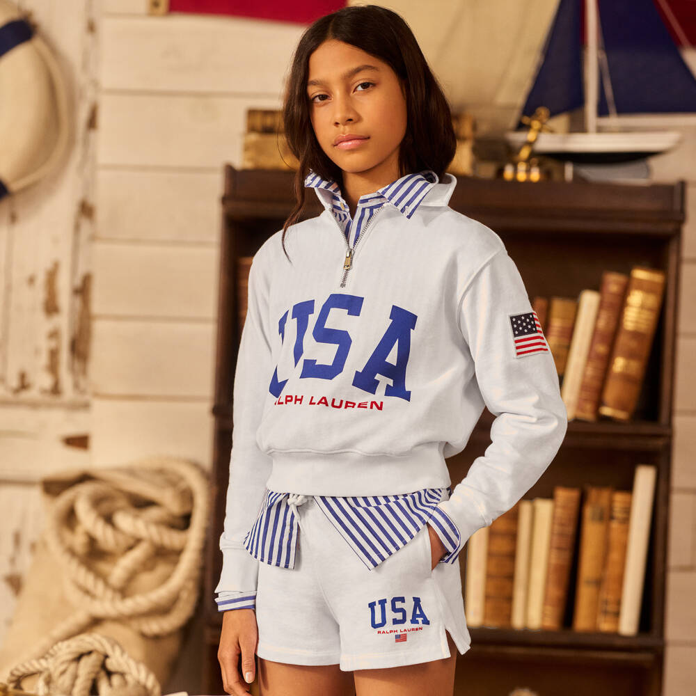 رالف لورين-شورت USA قطن لون أبيض للبنات | Childrensalon Outlet