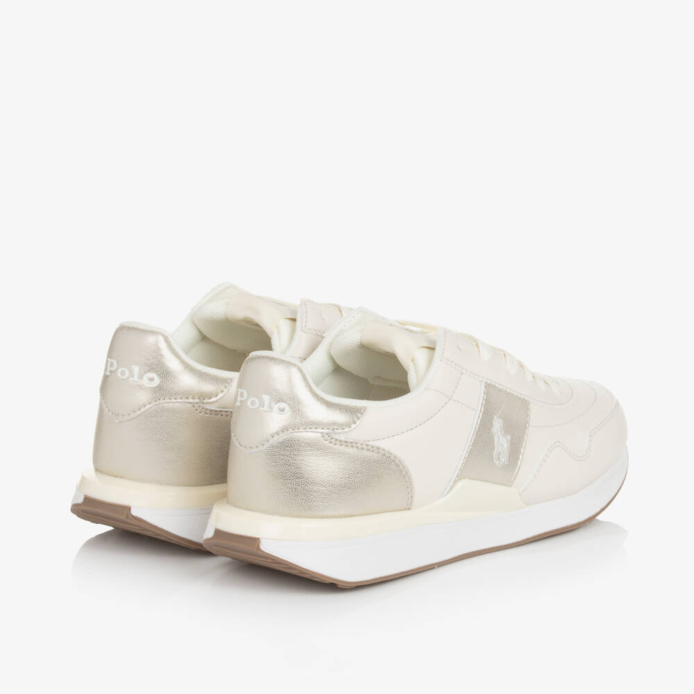 Ralph Lauren-Girls Cream & Gold Faux Leather Sneakers | Childrensalon Outlet