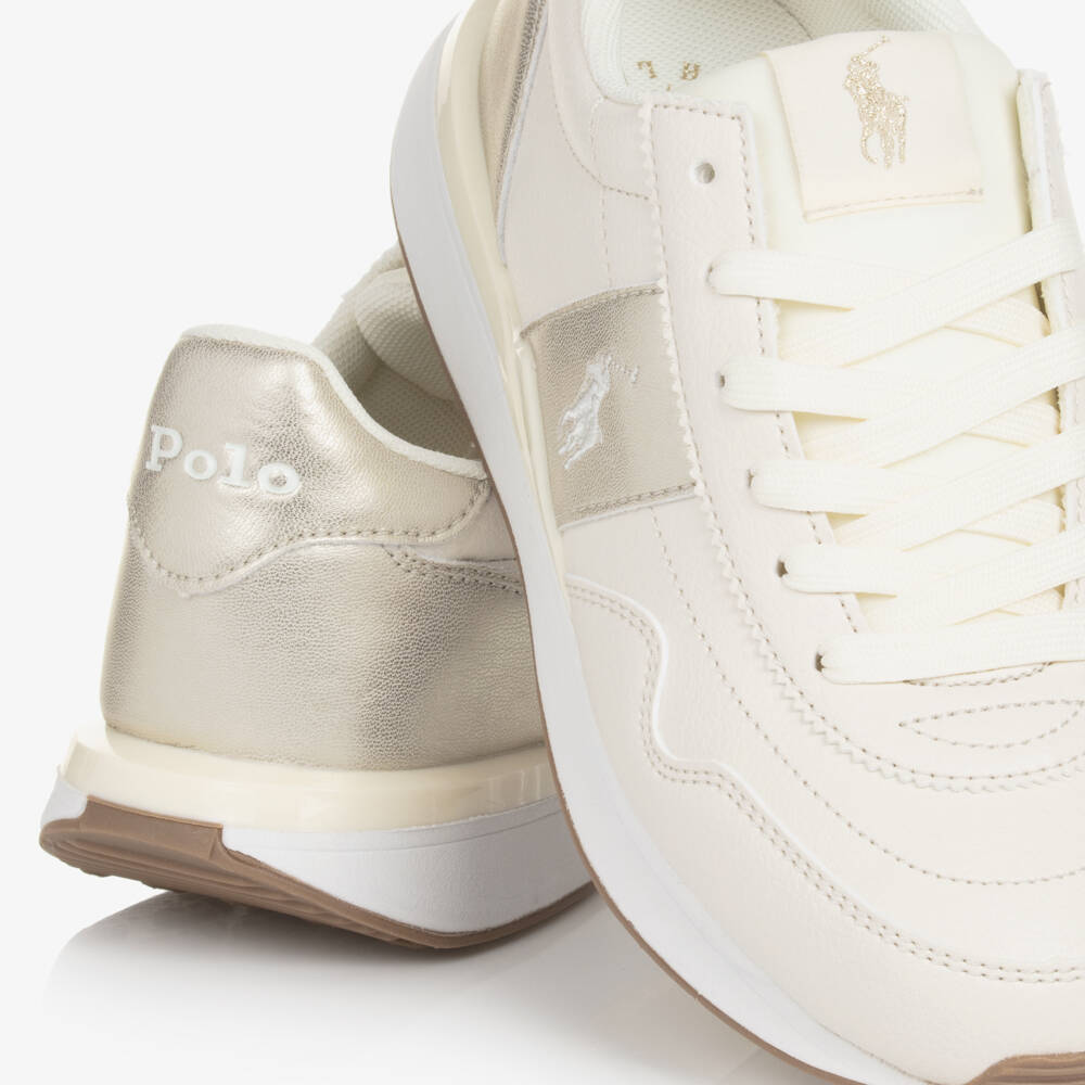 Ralph Lauren-Girls Cream & Gold Faux Leather Sneakers | Childrensalon Outlet