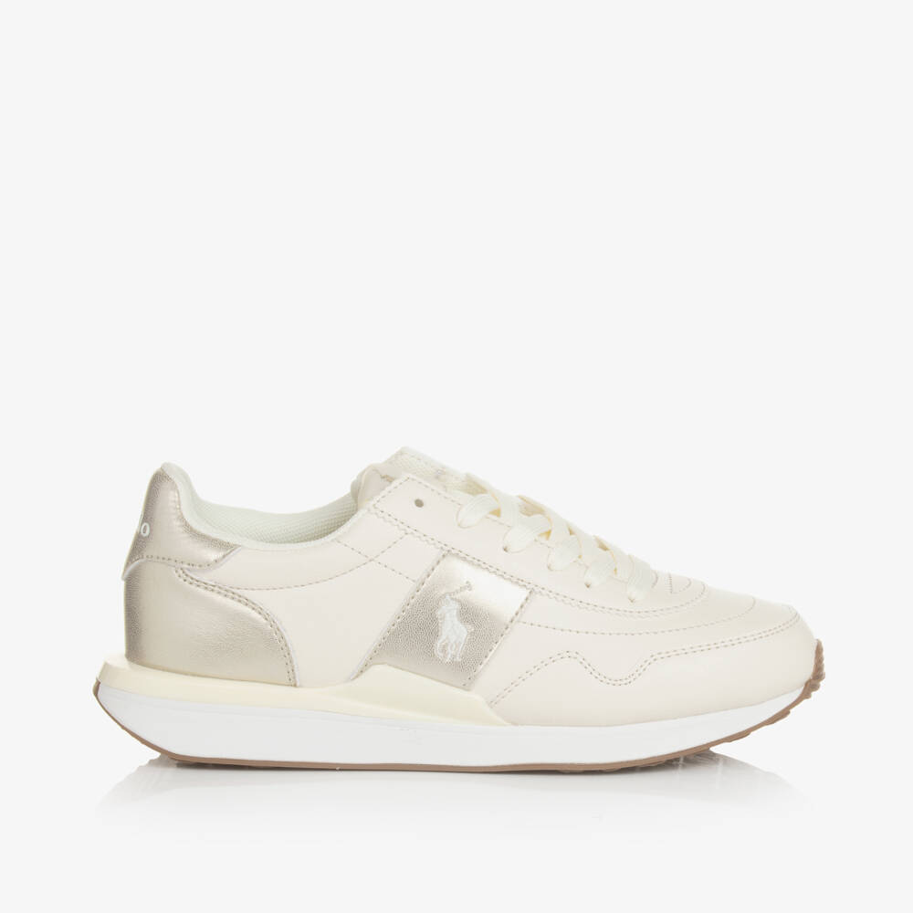 Ralph Lauren-Girls Cream & Gold Faux Leather Sneakers | Childrensalon Outlet