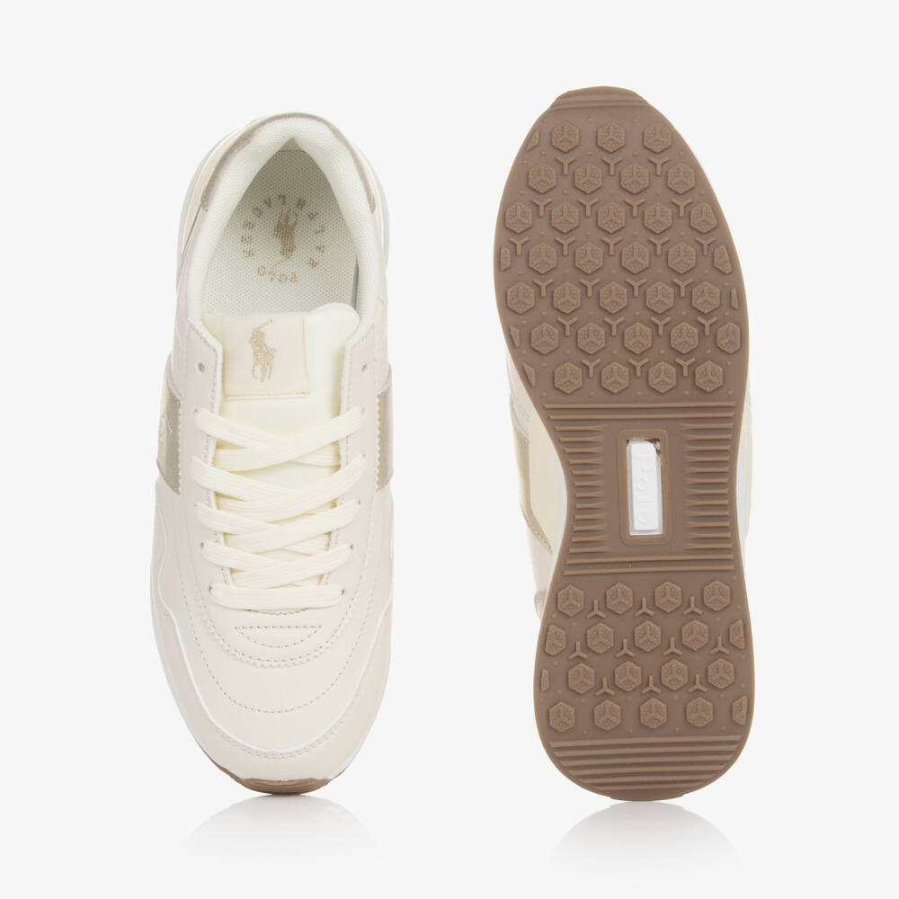 Ralph Lauren-Girls Cream & Gold Faux Leather Sneakers | Childrensalon Outlet