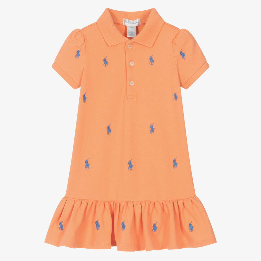 Ralph Lauren-Girls Flared Orange Cotton Polo Dress | Childrensalon Outlet