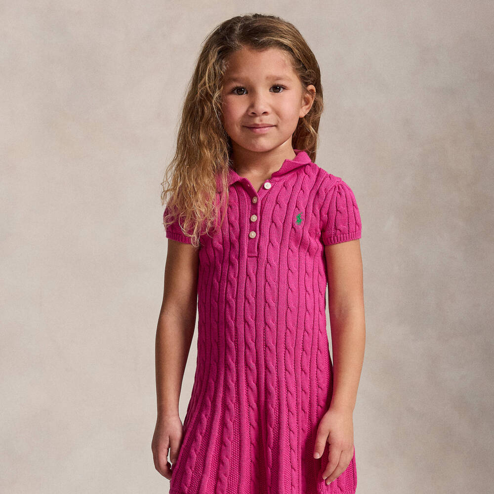 Ralph Lauren-Girls Fuchsia Pink Cable Knit Short Sleeve Dress | Childrensalon Outlet