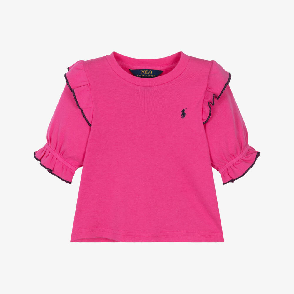 Ralph Lauren-Girls Fuchsia Ruffle Cotton Blend Tee | Childrensalon Outlet