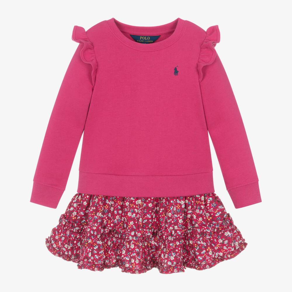 Ralph Lauren-Girls Fuchsia Ruffle Sweatshirt Dress | Childrensalon Outlet