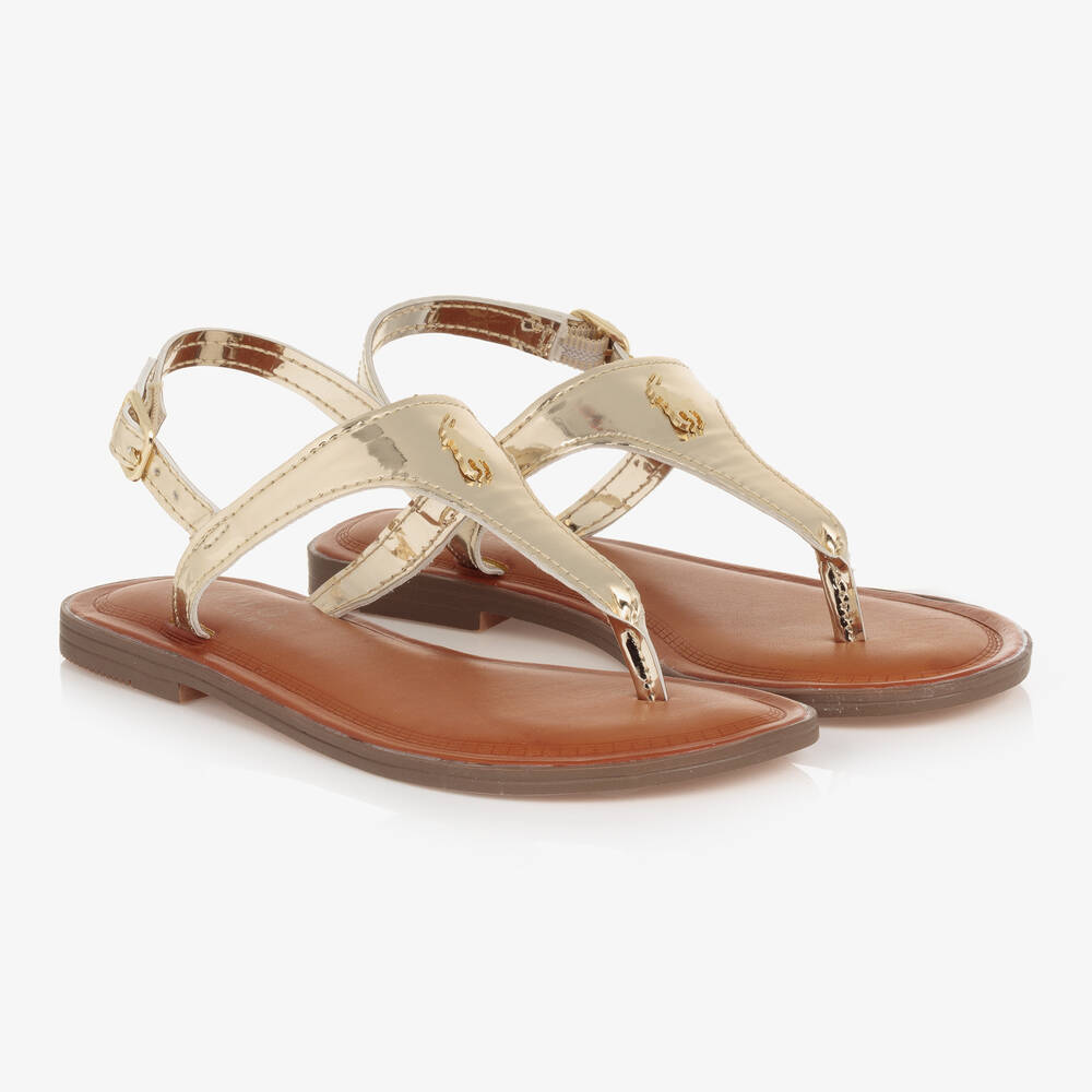 Ralph Lauren - Girls Gold Faux Leather Logo Sandals | Childrensalon