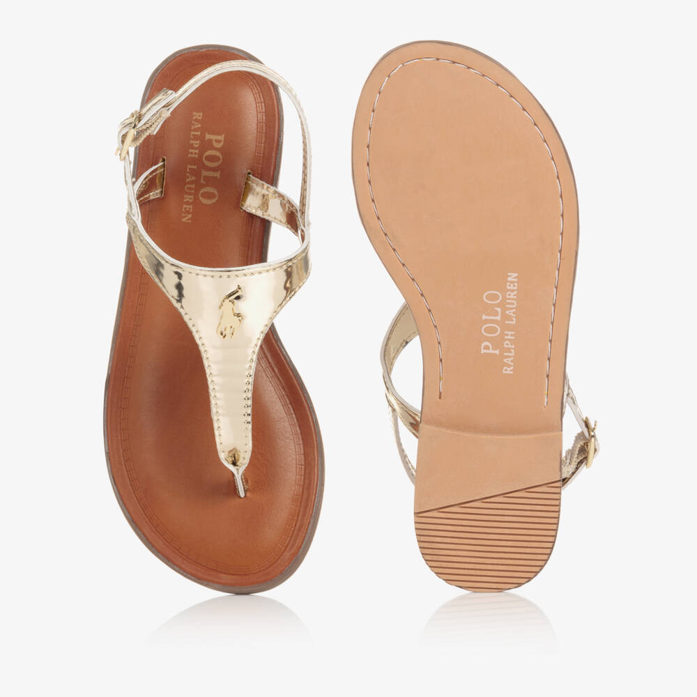 Ralph Lauren-صندل جلد صناعي لامع لون ذهبي متاليك للبنات | Childrensalon Outlet