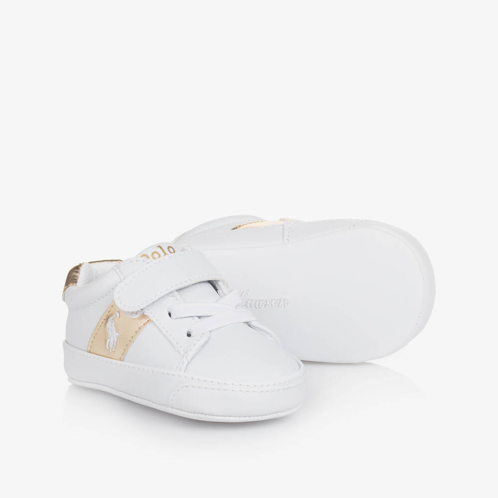 Ralph Lauren-Girls Gold & White Soft Sole Sneakers | Childrensalon Outlet