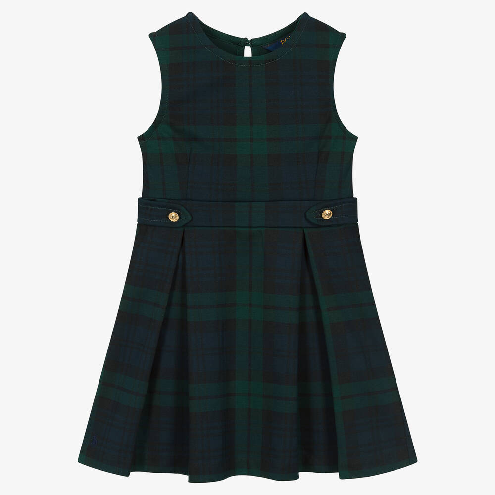 Ralph Lauren - Girls Green Check Pinafore Dress | Childrensalon