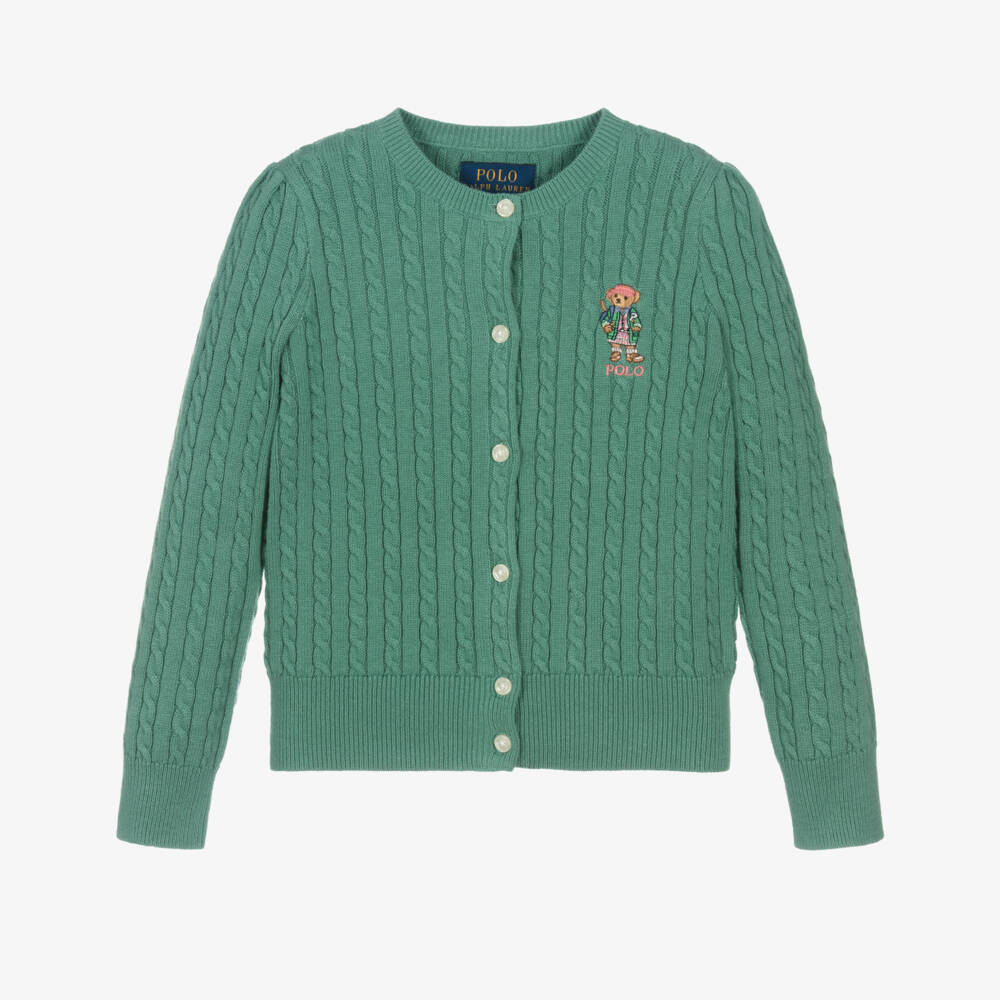 Ralph Lauren-Girls Green Cotton Cable Knit Cardigan | Childrensalon Outlet