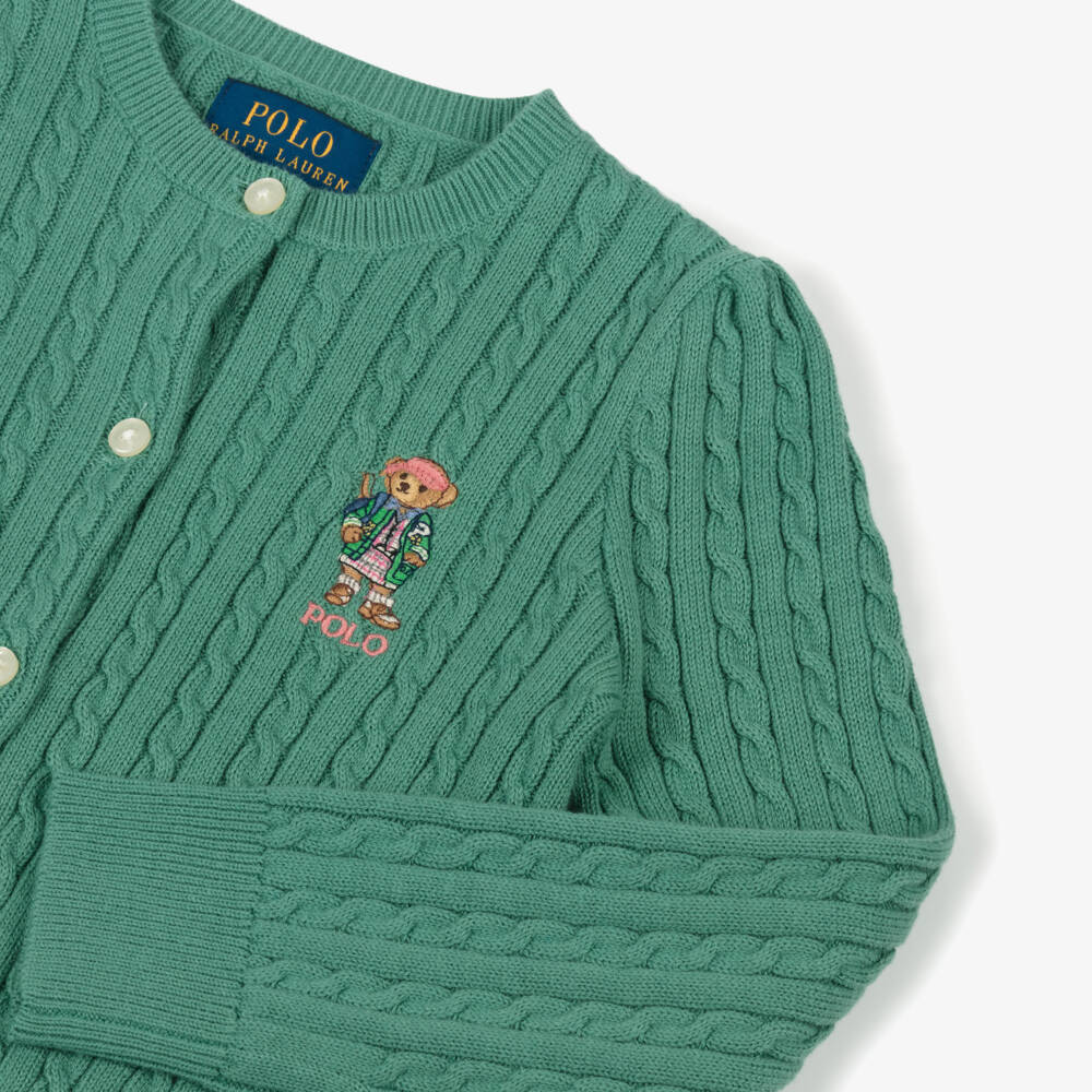 Ralph Lauren-Girls Green Cotton Cable Knit Cardigan | Childrensalon Outlet