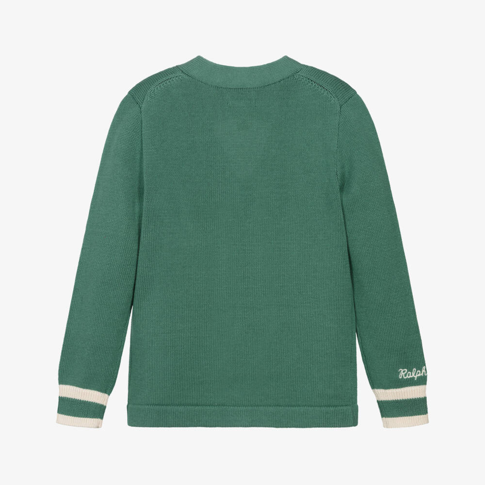Ralph Lauren-Girls Green Cotton Knit Varsity Logo Cardigan | Childrensalon Outlet