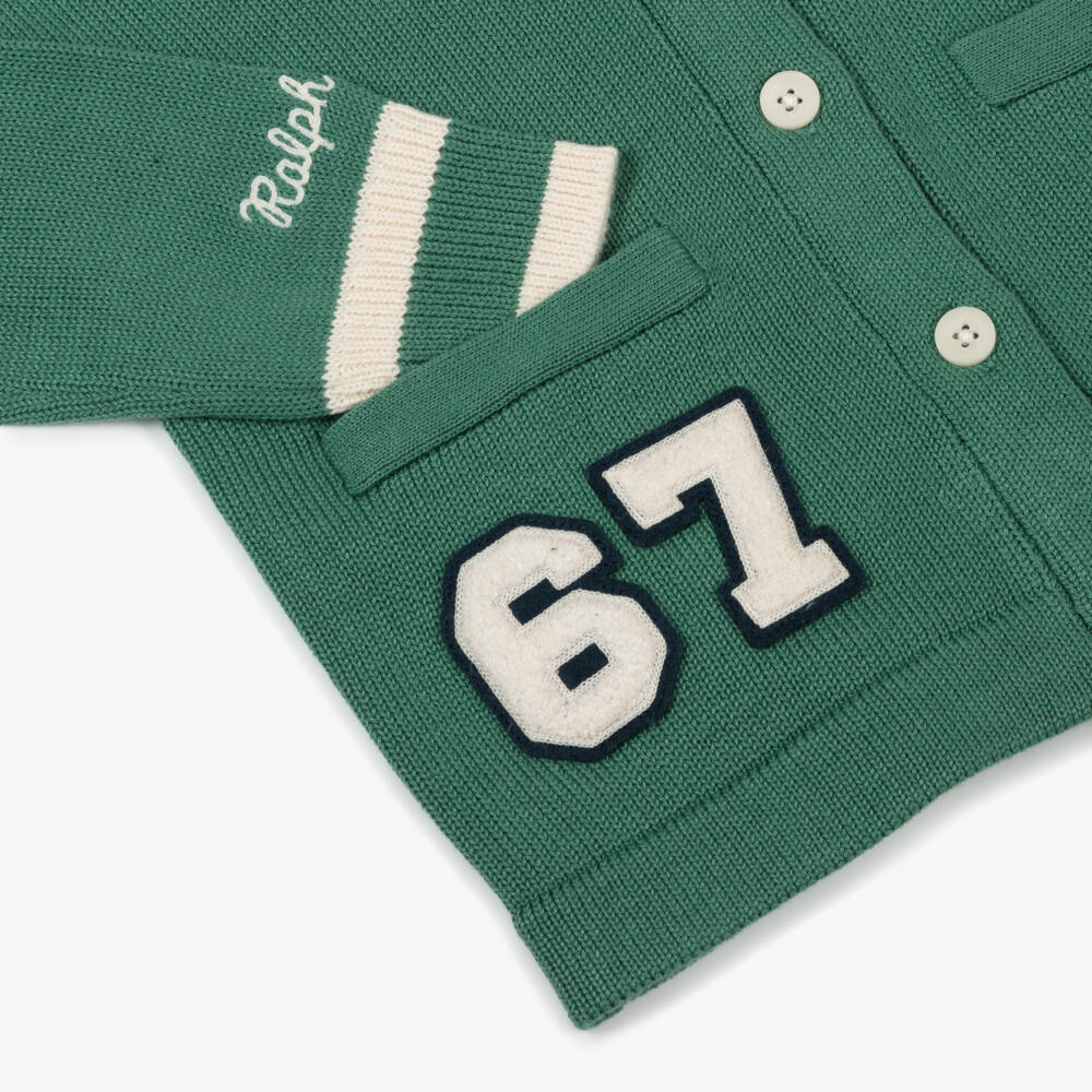 Ralph Lauren-Girls Green Cotton Knit Varsity Logo Cardigan | Childrensalon Outlet