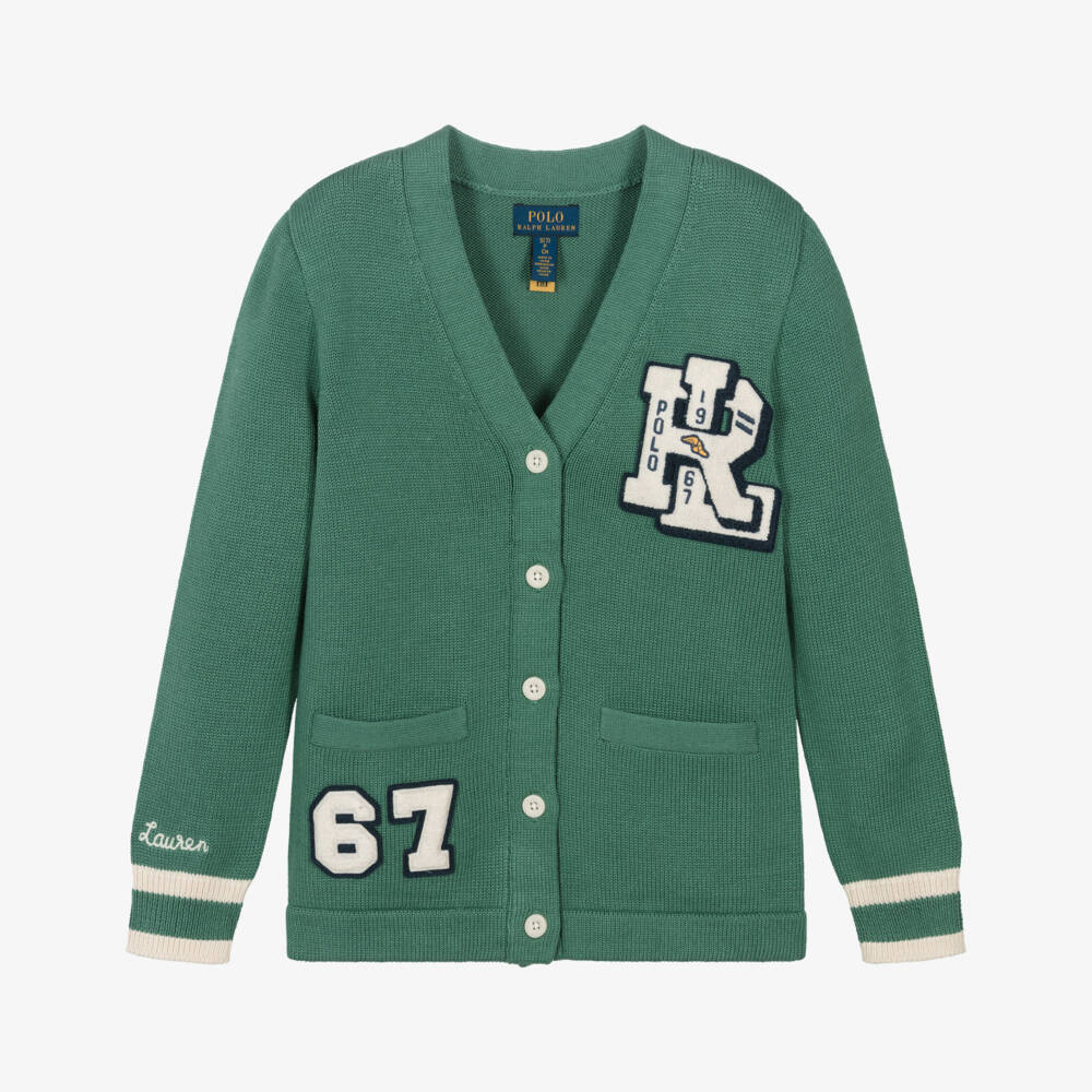 Ralph Lauren-Girls Green Cotton Knit Varsity Logo Cardigan | Childrensalon Outlet