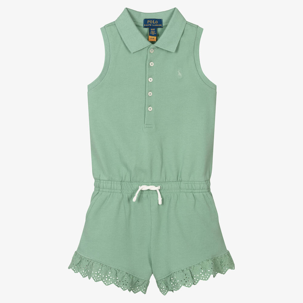 Polo Ralph Lauren - Girls Green Cotton Playsuit | Childrensalon