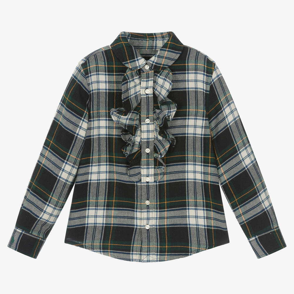 Ralph Lauren - Girls Green Cotton Tartan Frill Blouse | Childrensalon