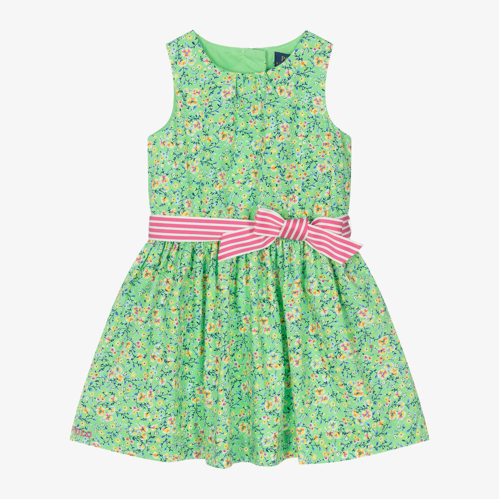 Ralph Lauren-Girls Green Floral Cotton Dress | Childrensalon Outlet