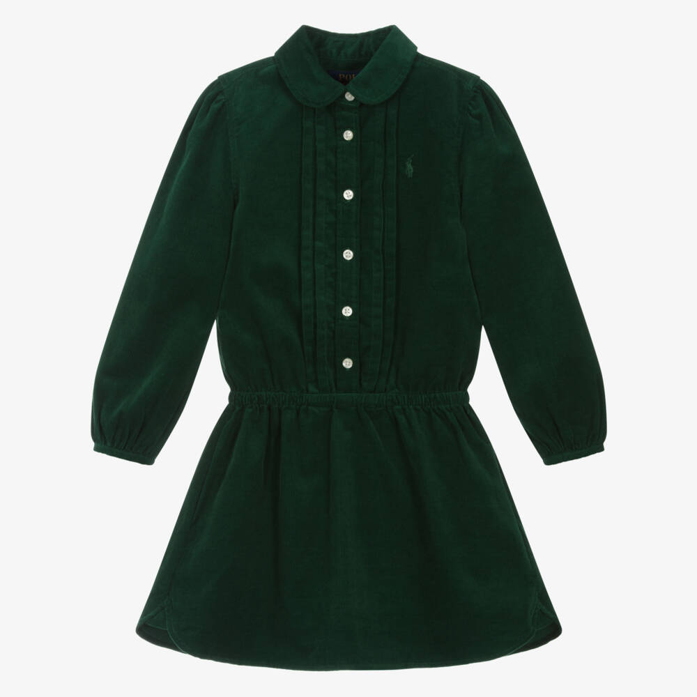 Ralph Lauren-Girls Green Pintucked Cotton Needlecord Dress | Childrensalon Outlet