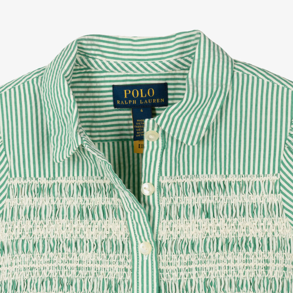 Ralph Lauren-Girls Green Striped Seersucker Dress | Childrensalon Outlet