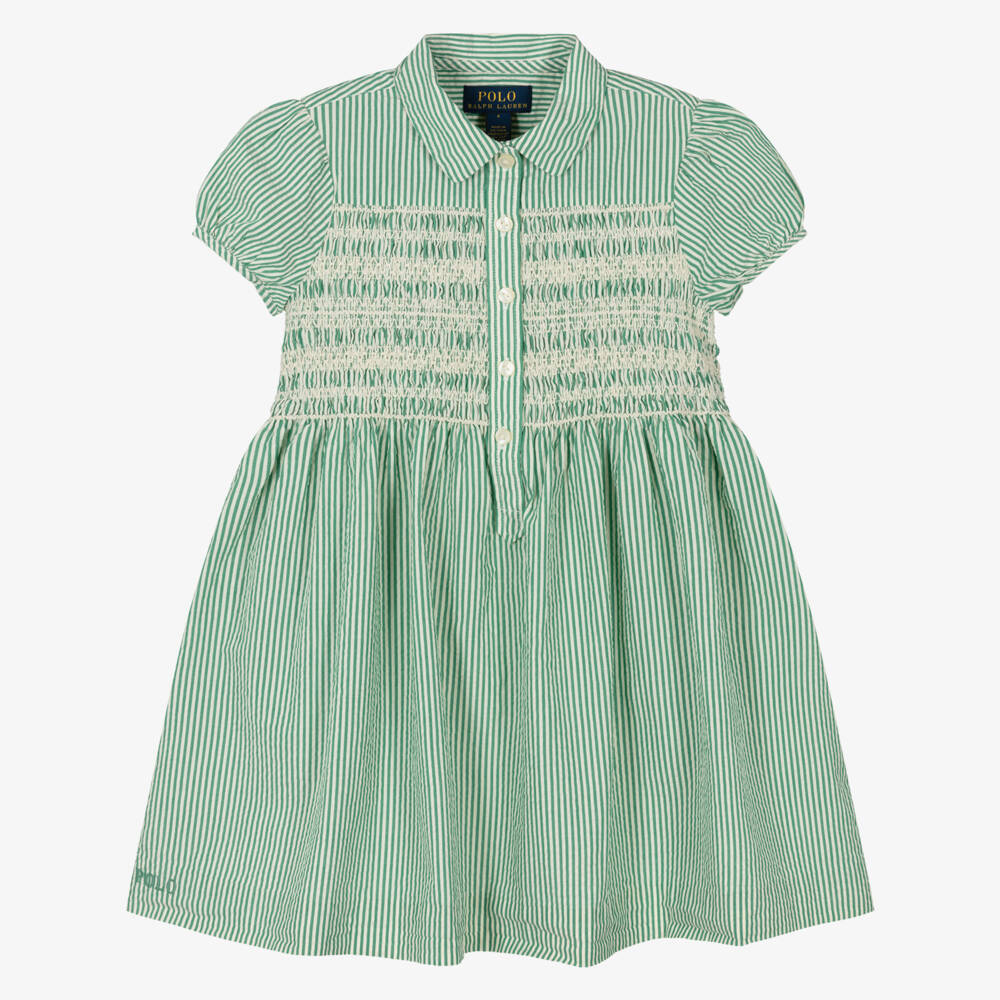Ralph Lauren-Girls Green Striped Seersucker Dress | Childrensalon Outlet