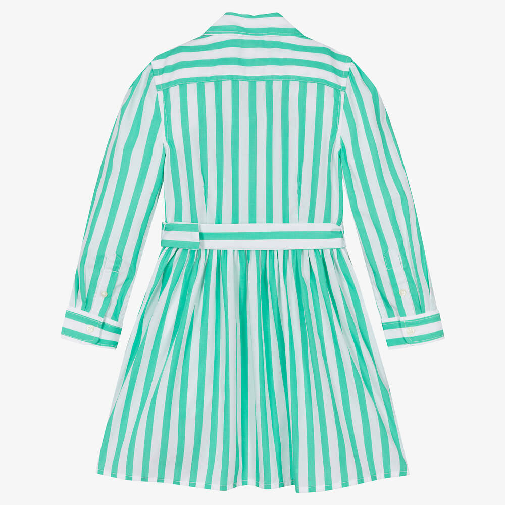 Ralph Lauren-فستان قميص قطن بوبلين مقلم لون أبيض وأخضر | Childrensalon Outlet