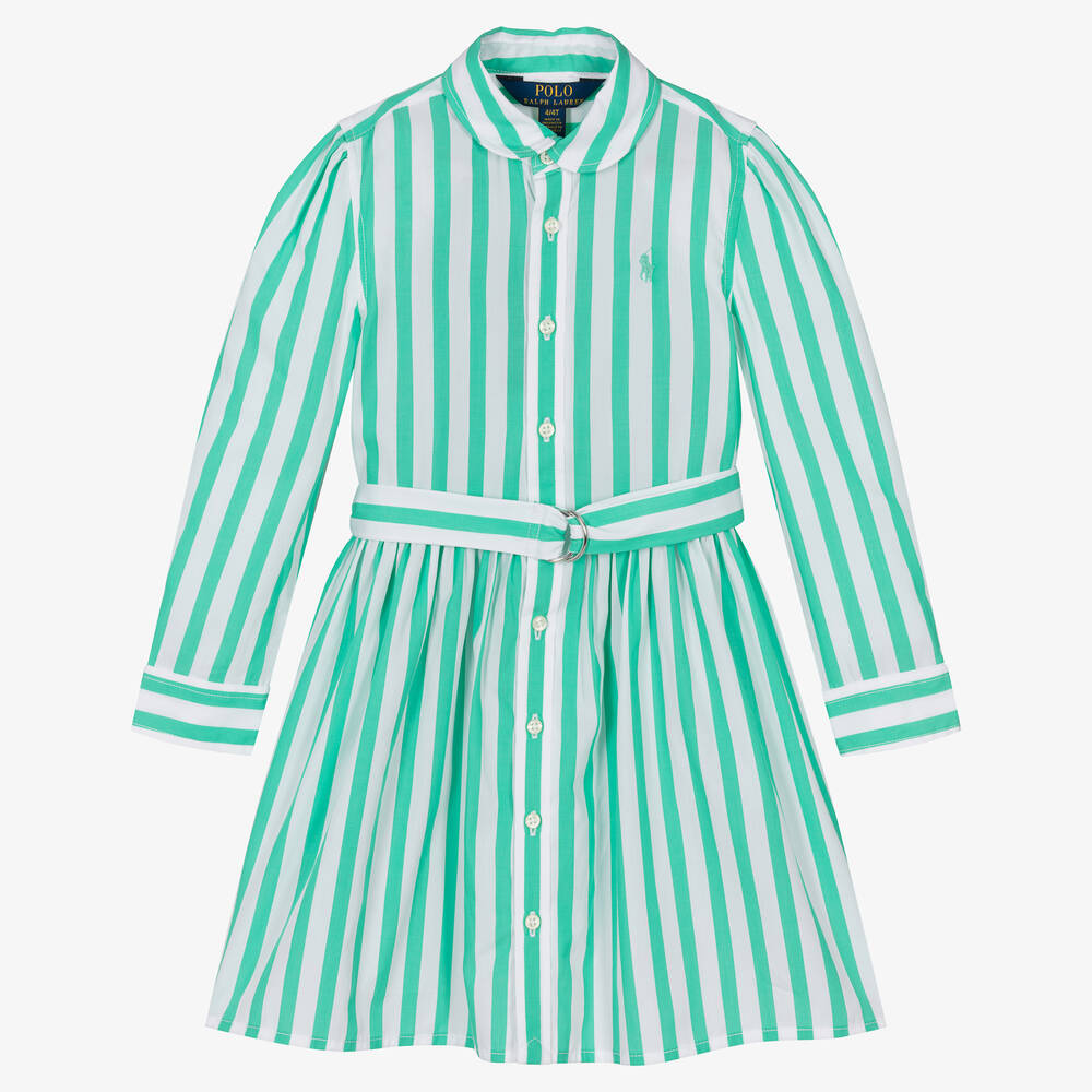 Ralph Lauren - فستان قميص قطن بوبلين مقلم لون أبيض وأخضر | Childrensalon