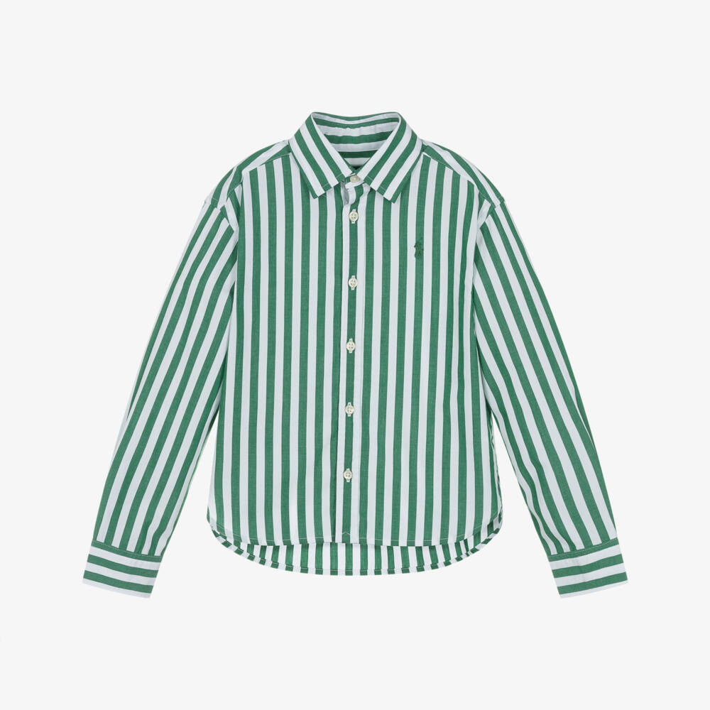 Ralph Lauren-Girls Green & White Striped Cotton Shirt | Childrensalon Outlet