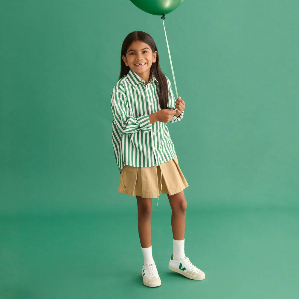 Ralph Lauren-Girls Green & White Striped Cotton Shirt | Childrensalon Outlet