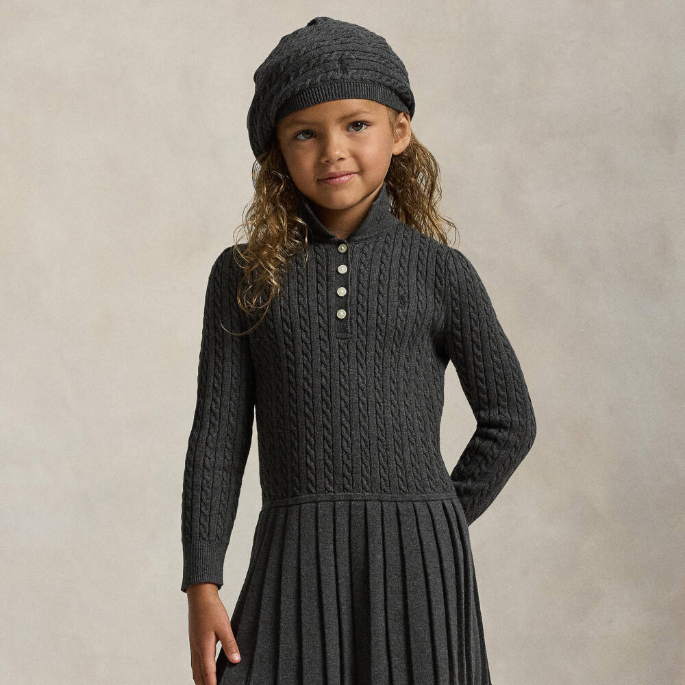 Ralph Lauren-Girls Grey Cotton Cable Knit Dress with Pleated Skirt | Childrensalon Outlet