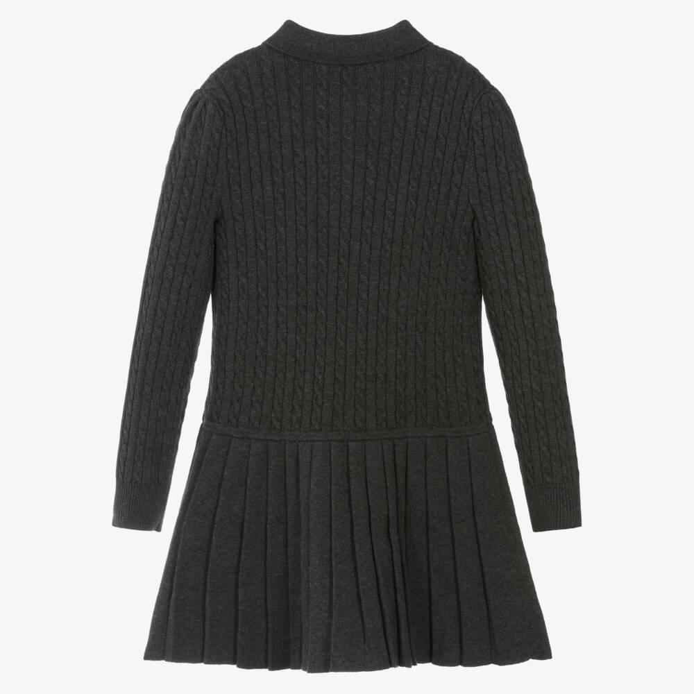 Ralph Lauren-Girls Grey Cotton Cable Knit Dress with Pleated Skirt | Childrensalon Outlet