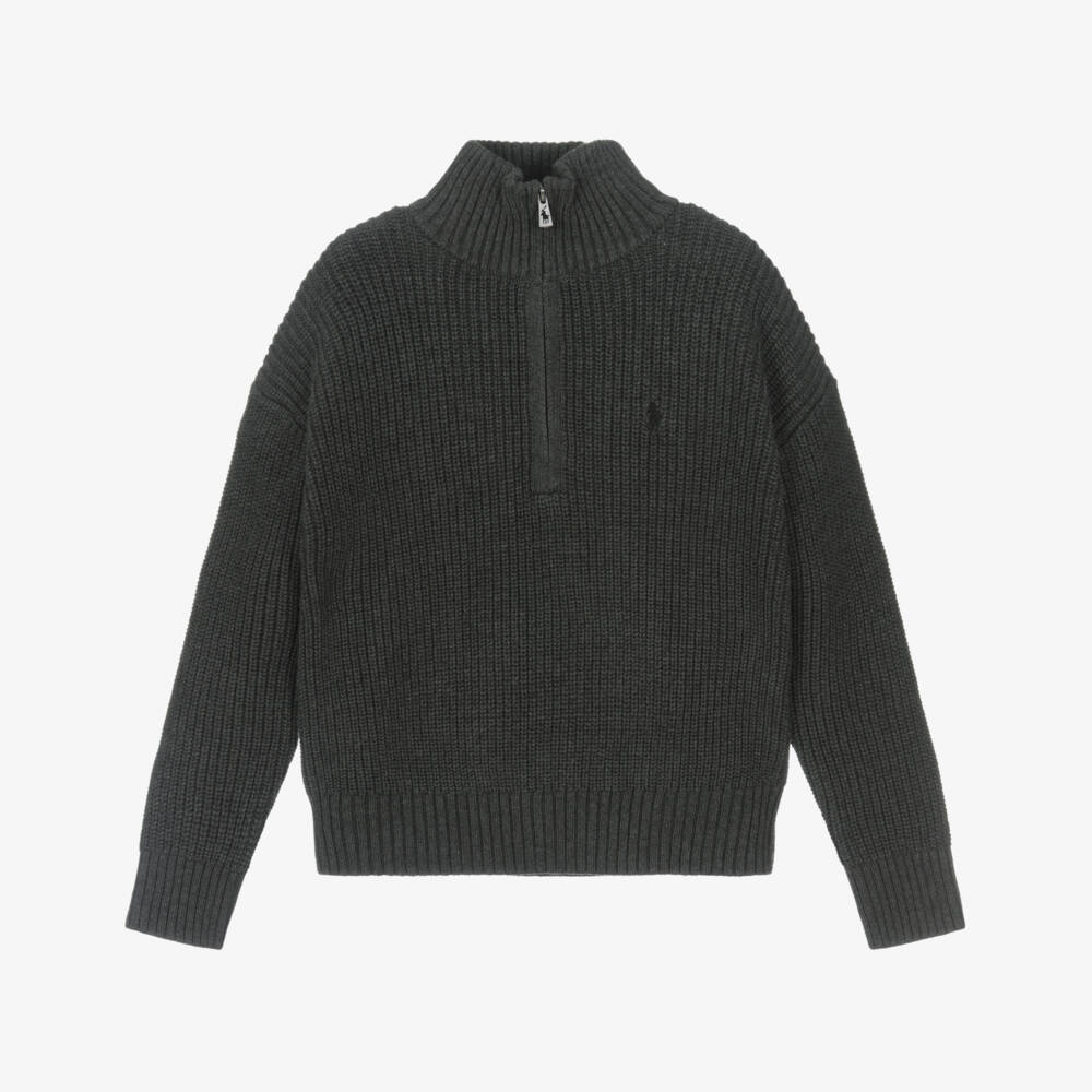 Ralph Lauren-Girls Grey Cotton Knit Quarter-Zip Sweater | Childrensalon Outlet