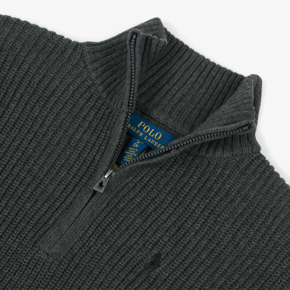 Ralph Lauren-Girls Grey Cotton Knit Quarter-Zip Sweater | Childrensalon Outlet
