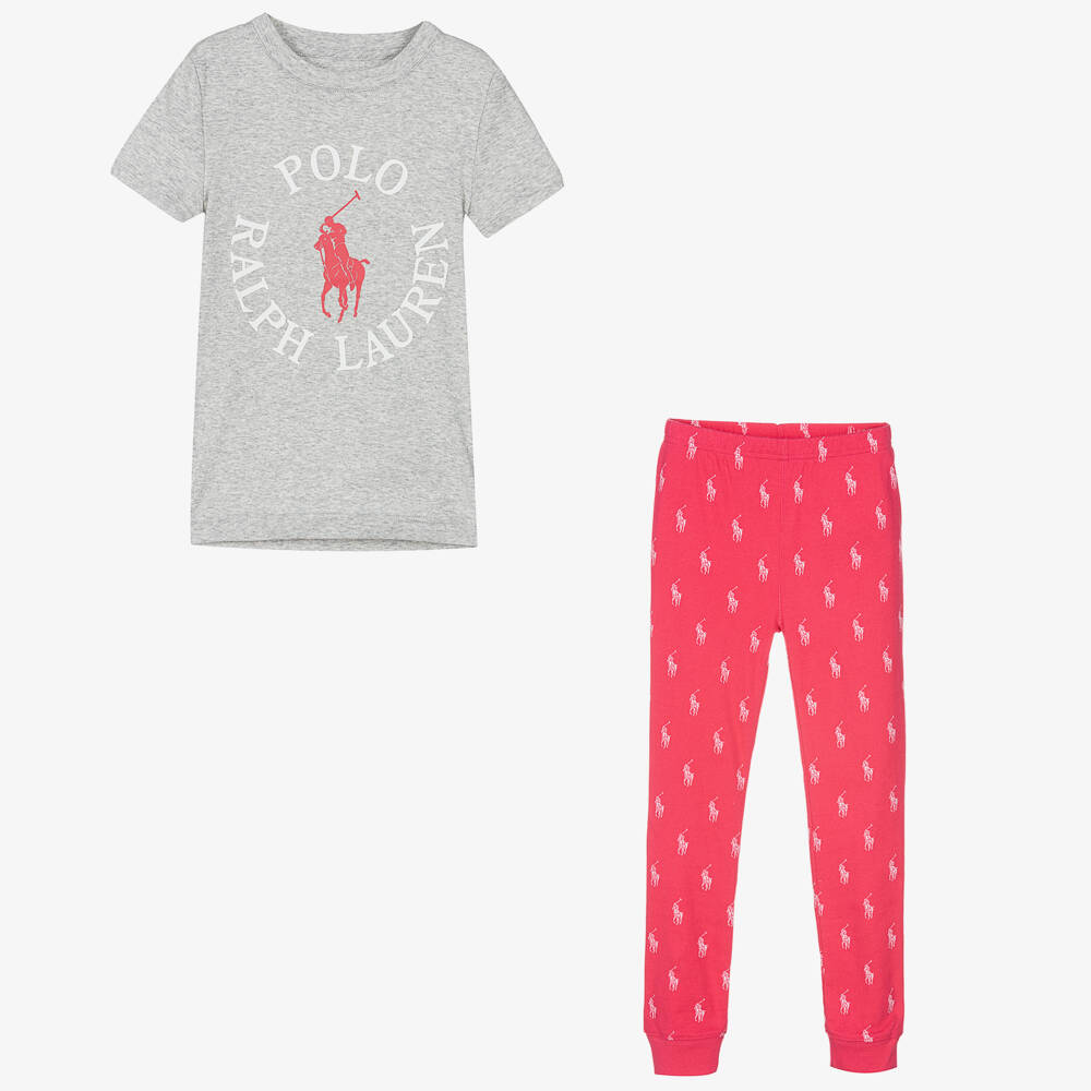 Ralph Lauren-Girls Grey & Pink Cotton Polo Pyjamas | Childrensalon Outlet