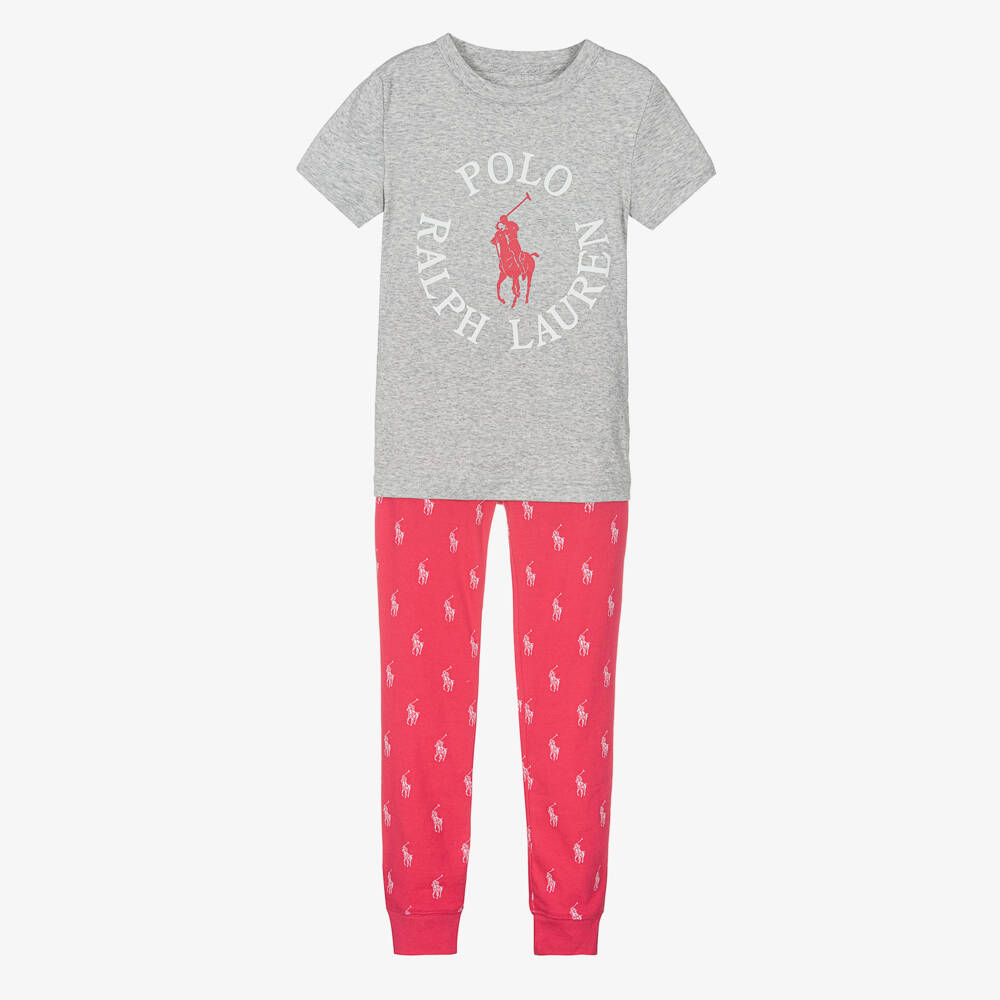 Ralph Lauren-Girls Grey & Pink Cotton Polo Pyjamas | Childrensalon Outlet