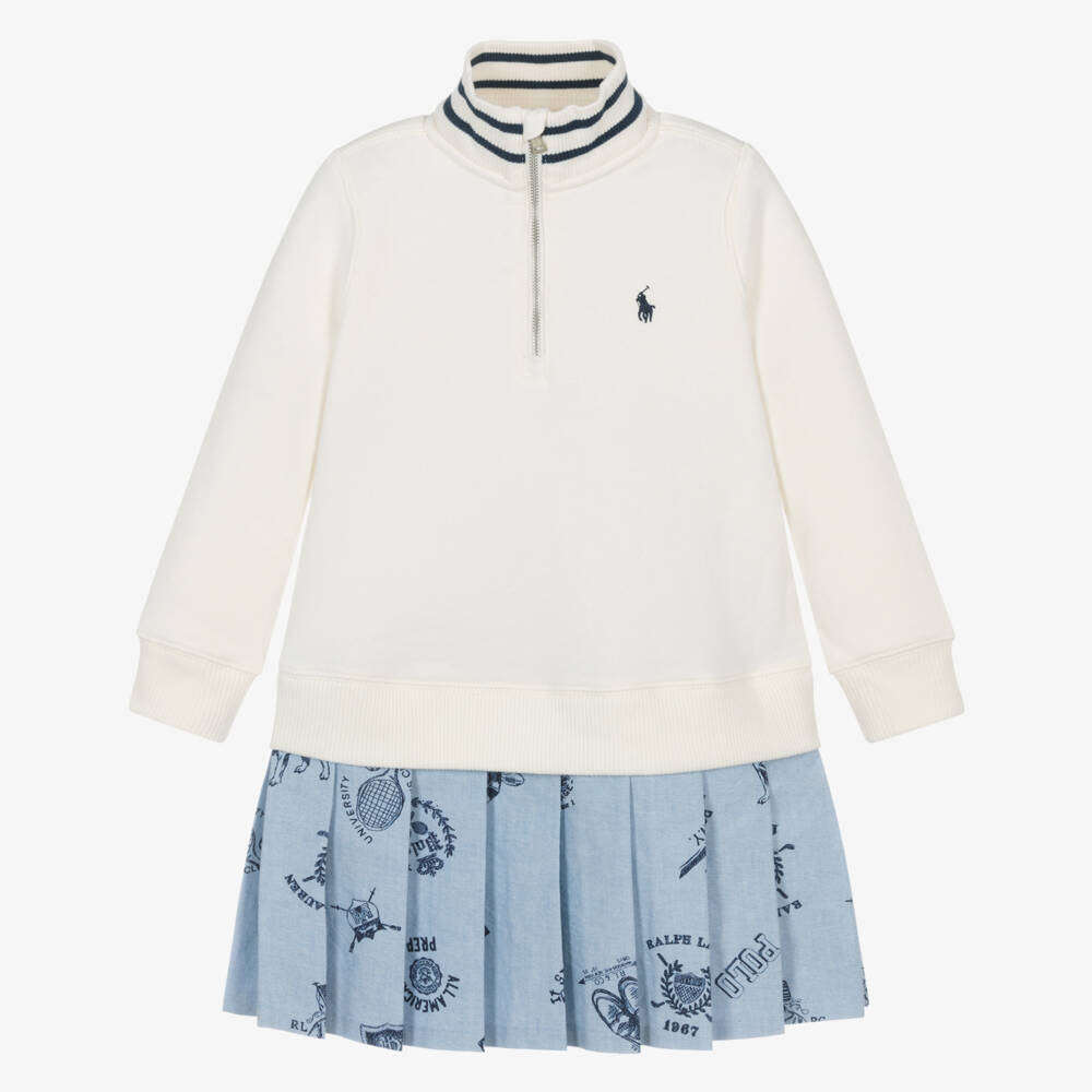 Ralph Lauren-Girls Ivory & Blue Sweatshirt Pleated Dress | Childrensalon Outlet