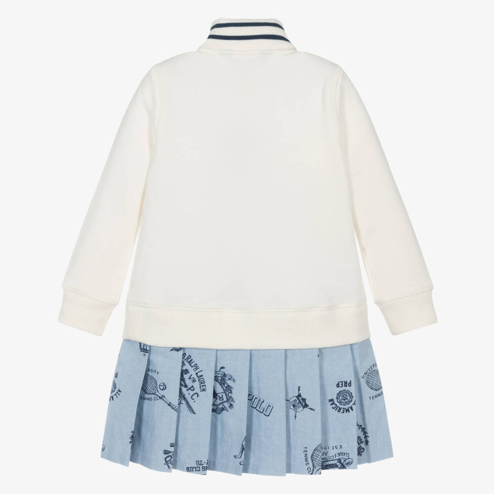 Ralph Lauren-Girls Ivory & Blue Sweatshirt Pleated Dress | Childrensalon Outlet