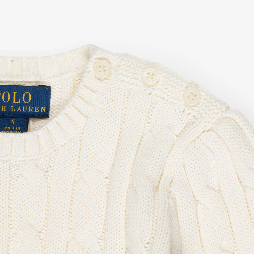 Ralph Lauren-Girls Ivory Cable Knit Belted Dress | Childrensalon Outlet