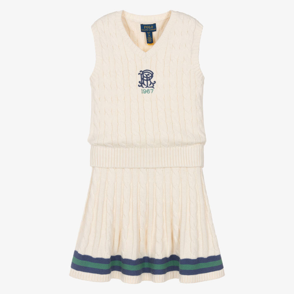 Ralph Lauren-طقم تنورة قطنية محبوكة عاجية للبنات | Childrensalon Outlet