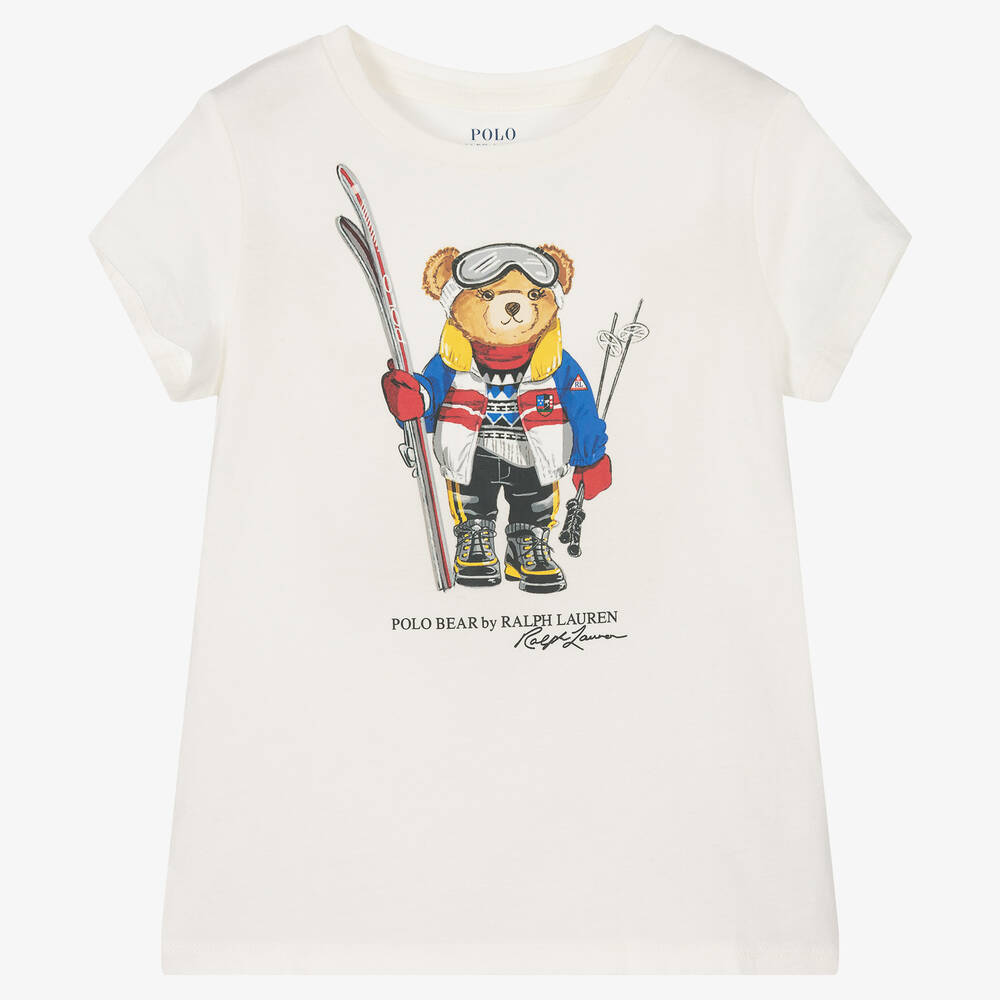 Polo Ralph Lauren - T-shirt ivoire en coton ours fille | Childrensalon