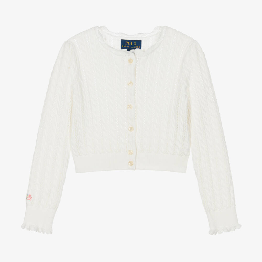 Ralph Lauren-كارديغان قطن محبوك لون أبيض للبنات | Childrensalon Outlet