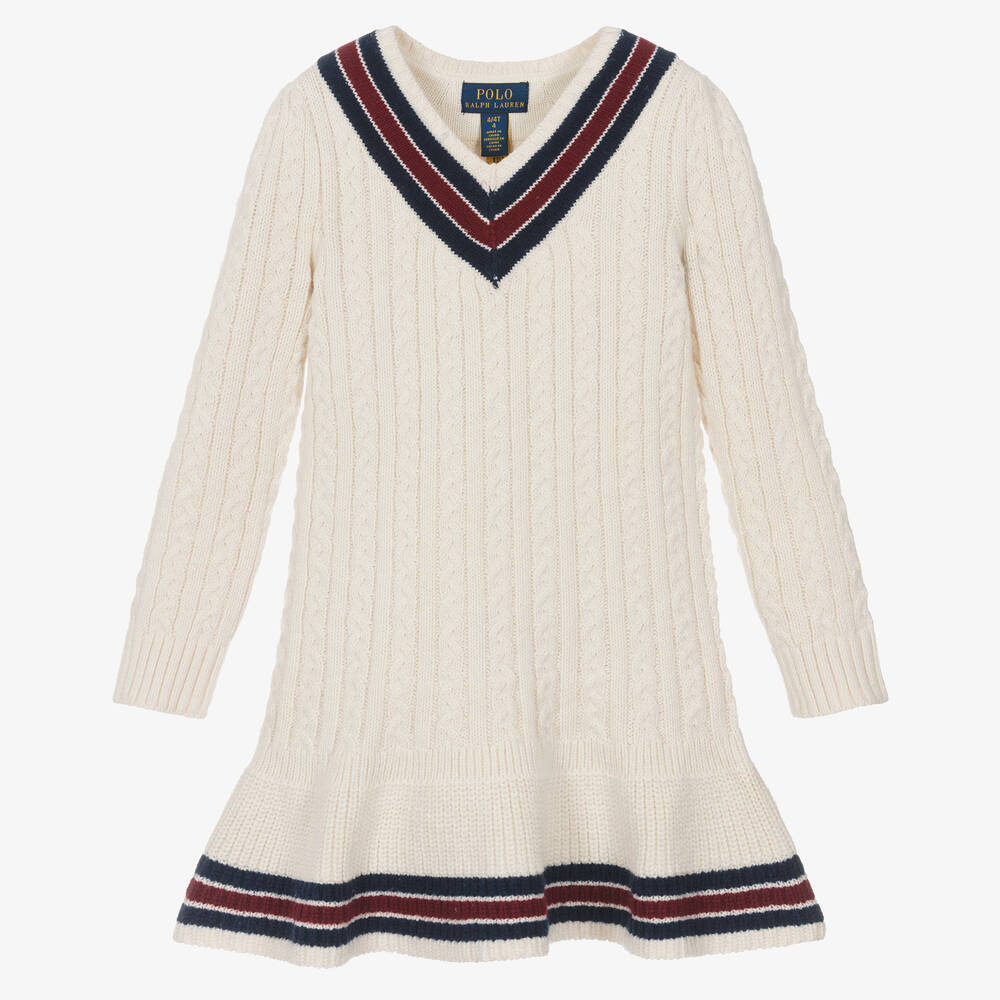 Ralph Lauren - Girls Ivory Cotton Cable-Knit Dress | Childrensalon