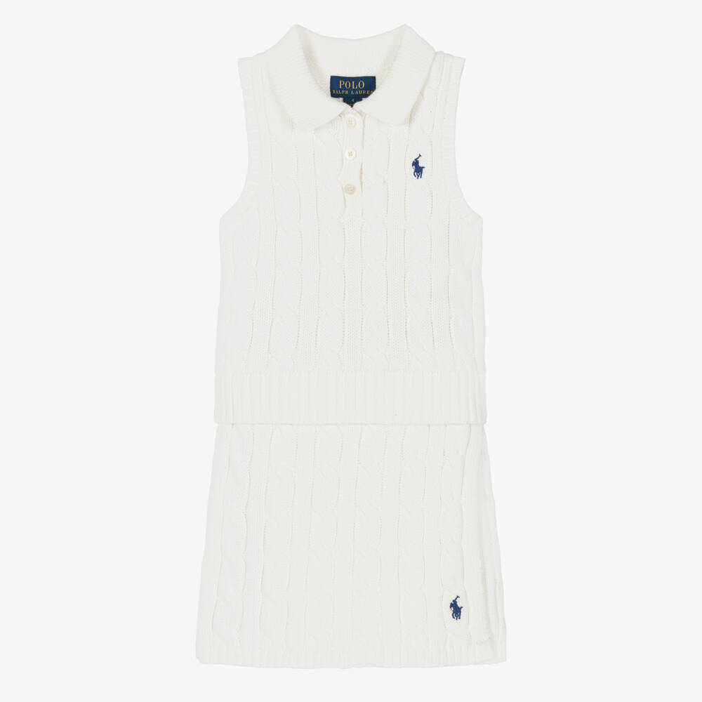 Ralph Lauren-Girls Ivory Cotton Cable Knit Skirt Set | Childrensalon Outlet